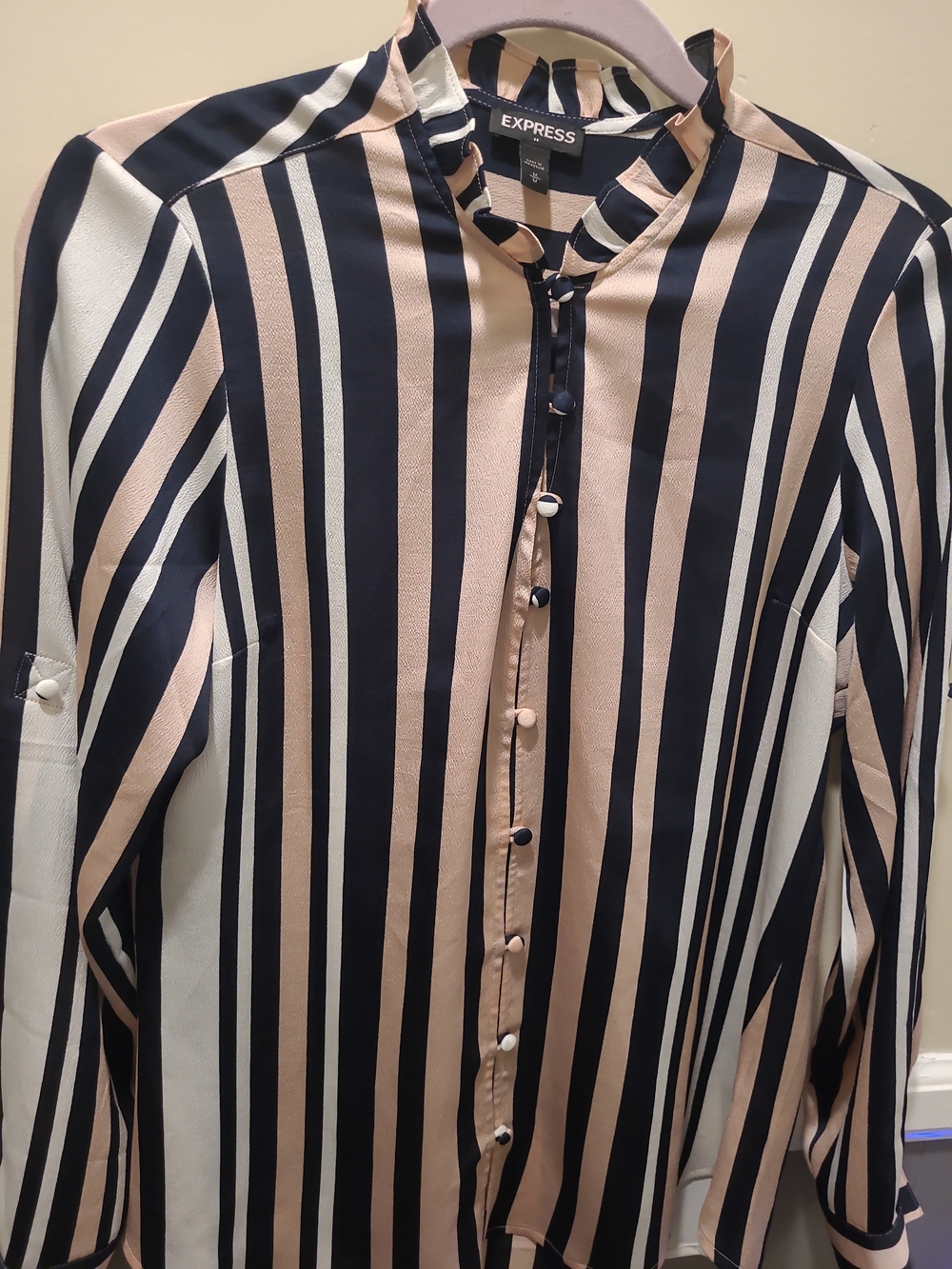 Express Womens Medium Pink/black Striped Button Up Blouse Long Sleeve - Picture 3 of 11